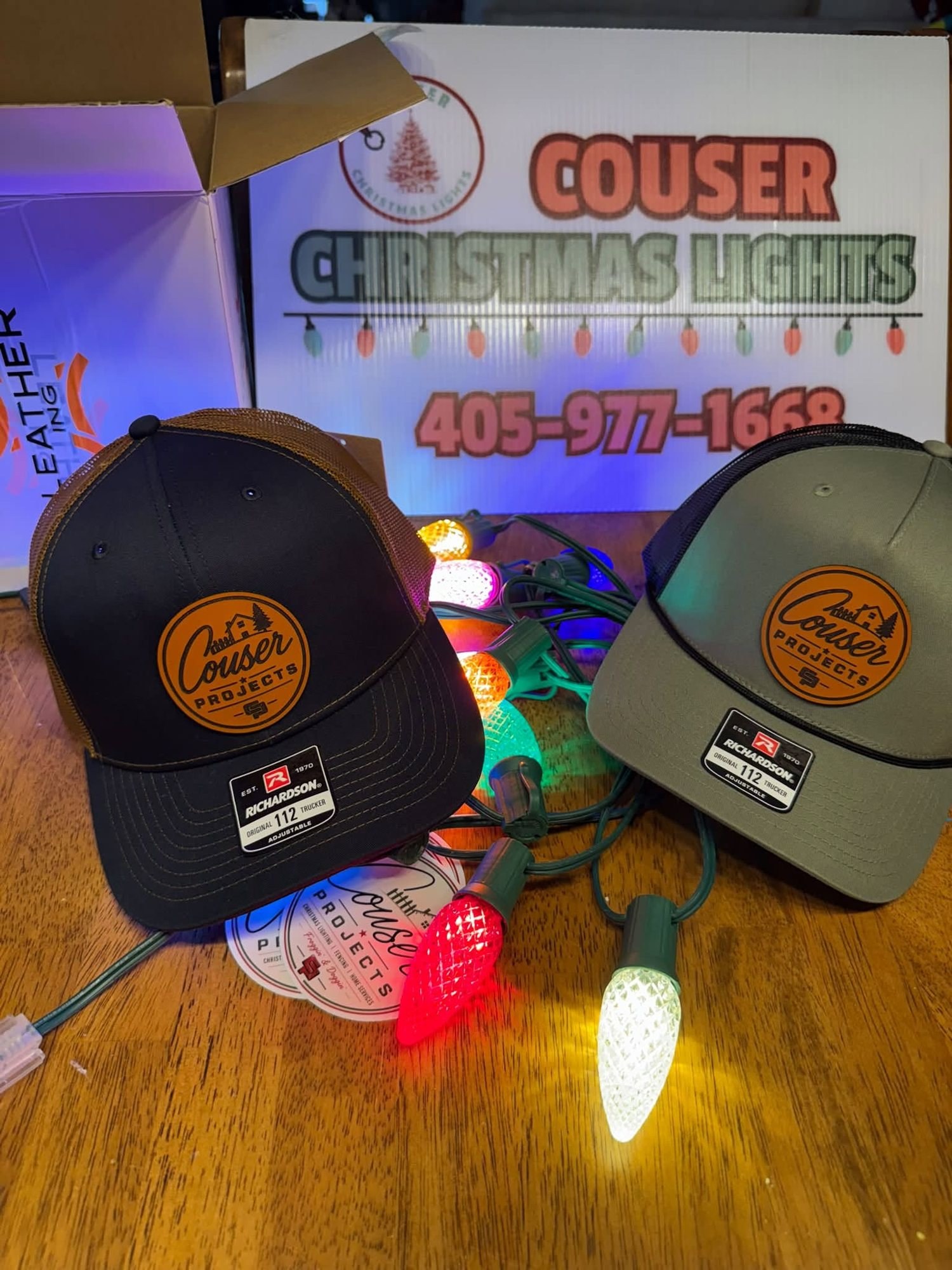 Couser hats and sign with colored C9 bulbs