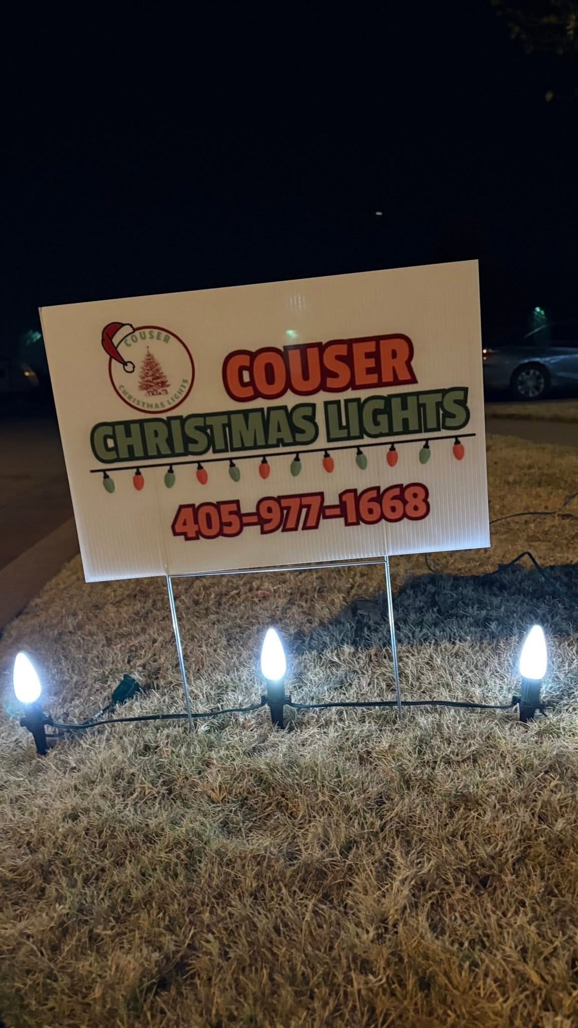 Couser Christmas Lights yard sign with white C9 stake lights