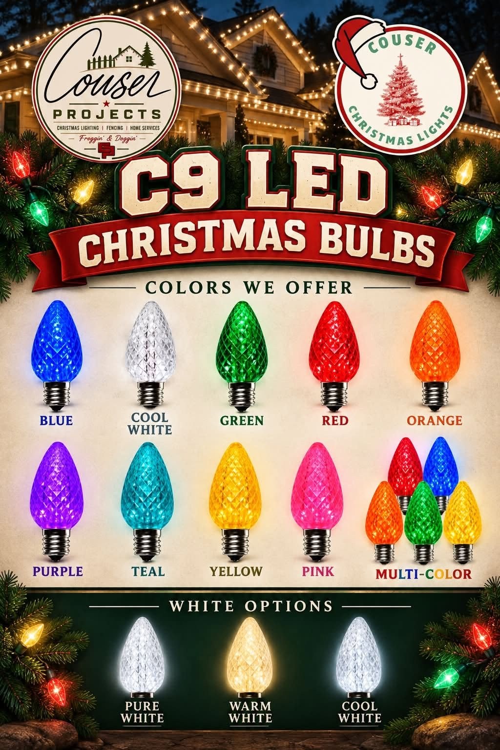 C9 LED bulb color chart with colored bulbs and white options