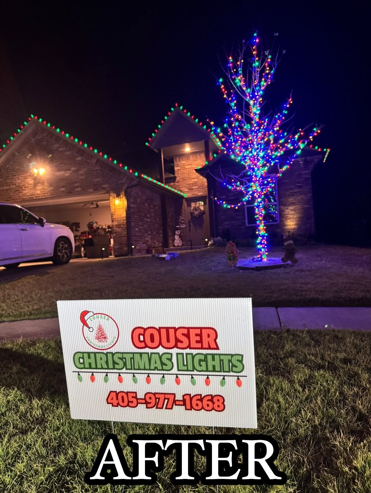 After: multi-color tree wrap with red and green roofline lights